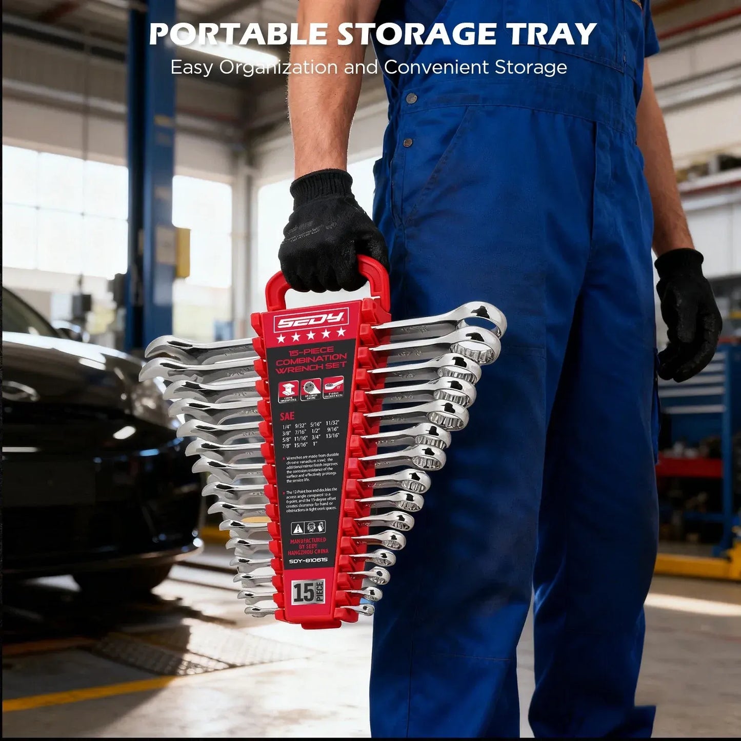 SEDY 15pc Combination Spanner Wrench Set SAE 1/4"-1" CR-V with Storage Rack - Image 7