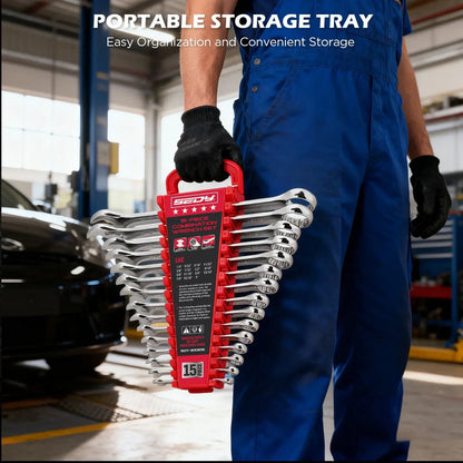 SEDY 15pc Combination Spanner Wrench Set SAE 1/4"-1" CR-V with Storage Rack - Image 7