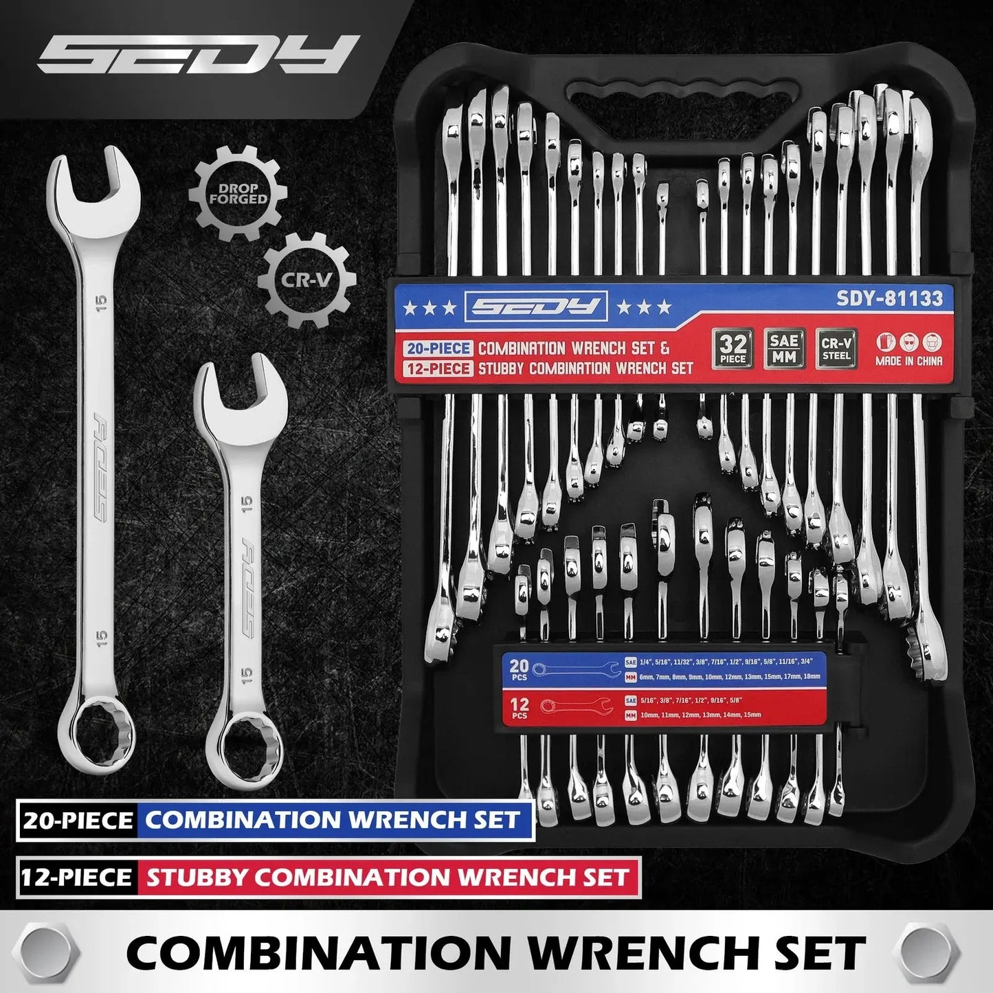 SEDY 32 Pcs SAE Metric Combination Wrench Set Stubby 12 Point CR-V Steel w/Case