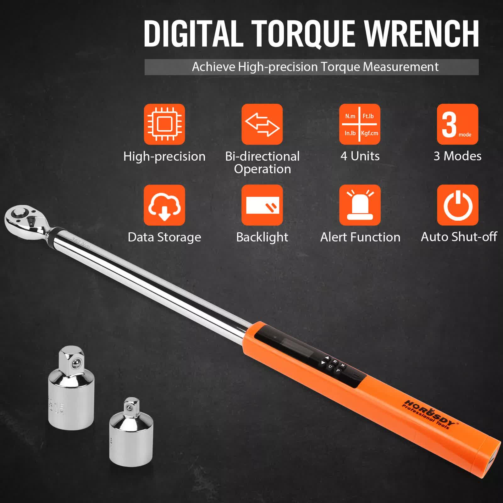 3Pc 1/2" Digital Torque Wrench Set Adjustable 17-340N.m / 25-250ft.lb Motorcycle - Image 3