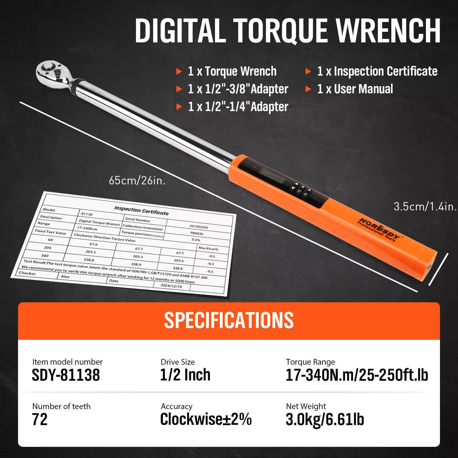3Pc 1/2" Digital Torque Wrench Set Adjustable 17-340N.m / 25-250ft.lb Motorcycle - Image 7