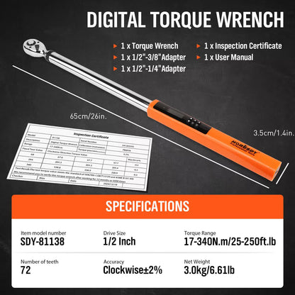 3Pc 1/2" Digital Torque Wrench Set Adjustable 17-340N.m / 25-250ft.lb Motorcycle - Image 7