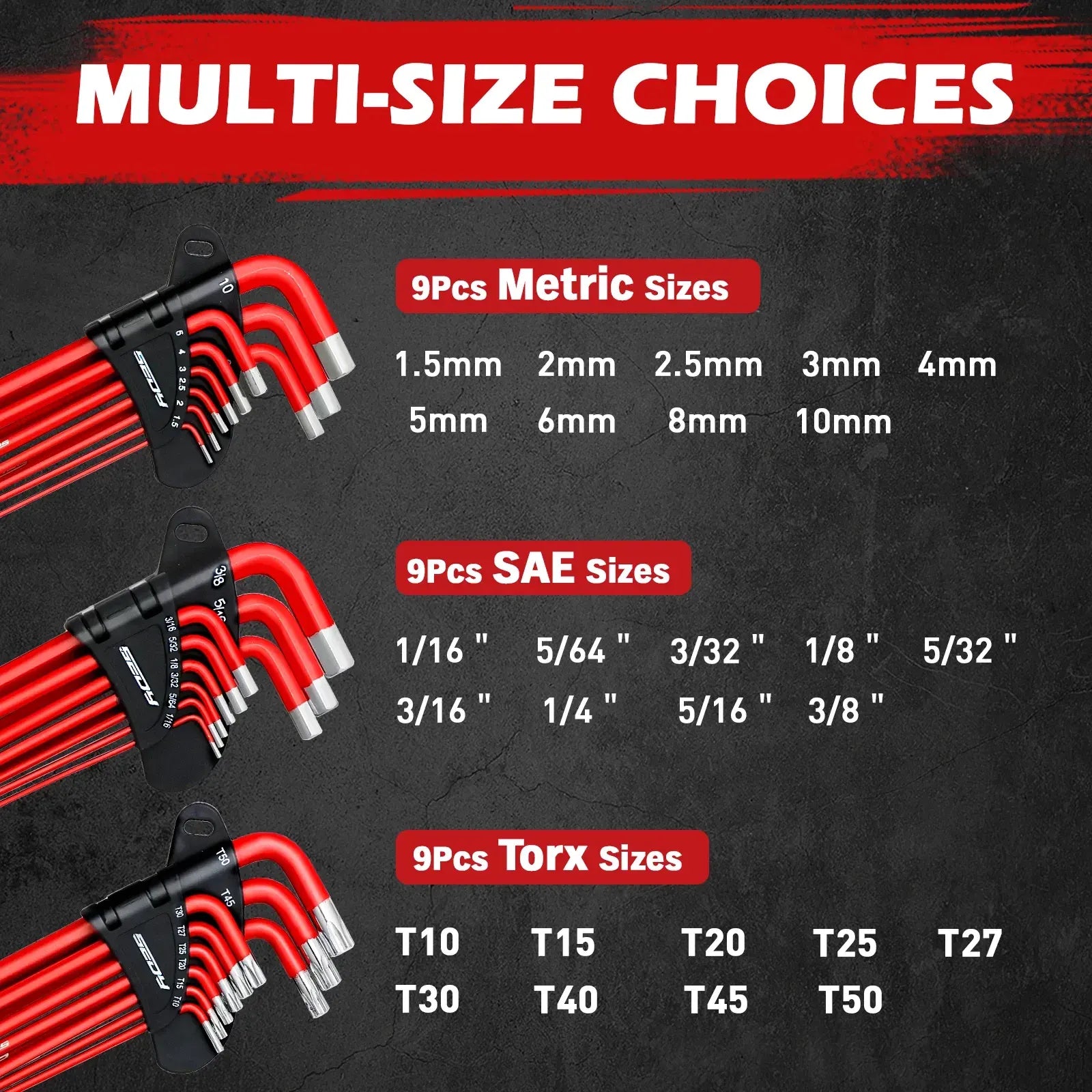 SEDY 30Pc Allen Key Set Long Arm Hex & Torx Keys with Grip Handle SAE Metric - Image 2