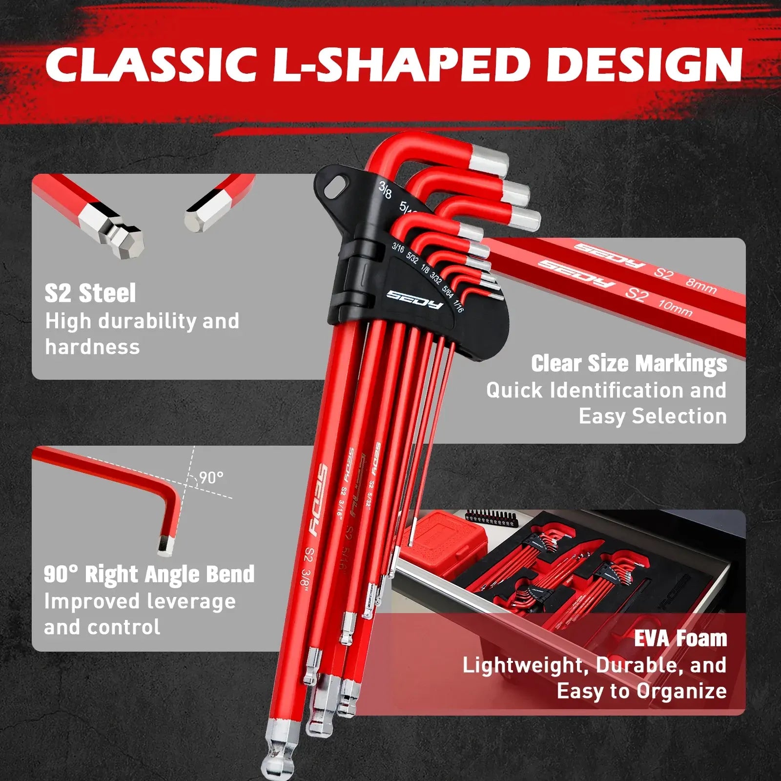 SEDY 30Pc Allen Key Set Long Arm Hex & Torx Keys with Grip Handle SAE Metric - Image 3