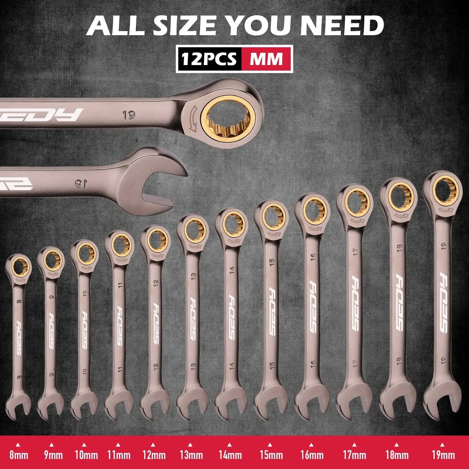 SEDY 12Pcs Ratcheting Wrench Set 8-19mm Metric CR-V Steel 72T Spanner Tool Kit - Image 2