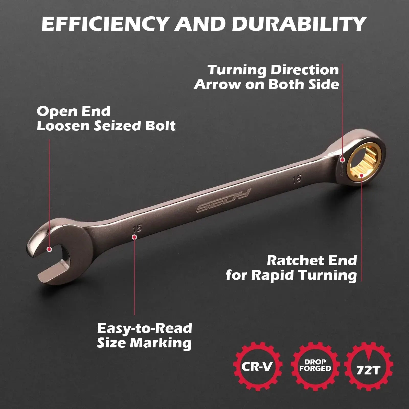 SEDY 12Pcs Ratcheting Wrench Set 8-19mm Metric CR-V Steel 72T Spanner Tool Kit - Image 5