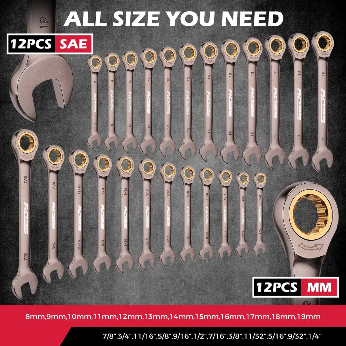 SEDY 24PCS Ratcheting Wrench Set Metric SAE CR-V Steel 72T With Magnetic Holder - Image 2
