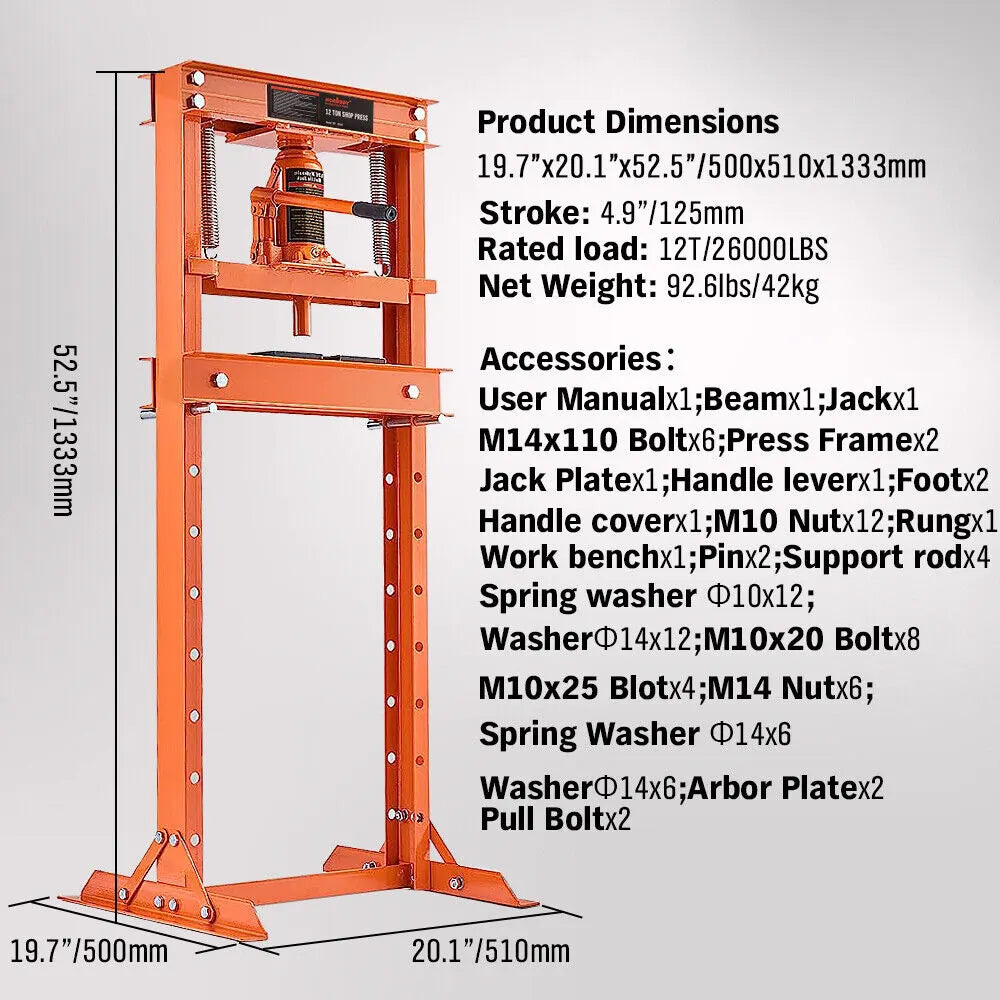 12-Ton Hydraulic Heavy Duty Floor Shop Press H-Frame Straightening Metal Garages - Image 4