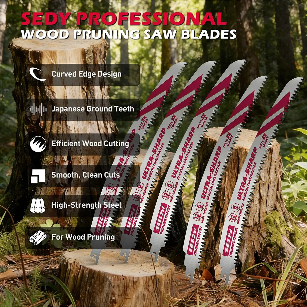 5-Piece 12" Reciprocating Saw Blades 6TPI Wood Pruning Curved Edge CR-V Steel - Image 2