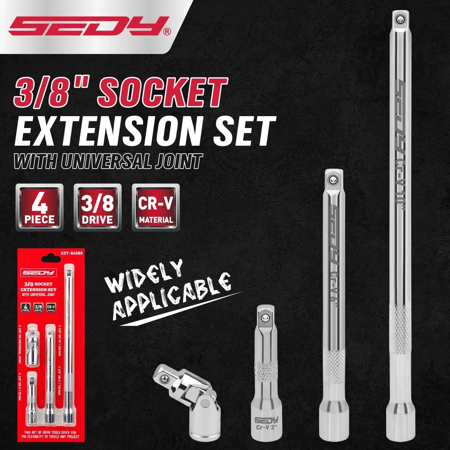 SEDY 4Pcs 3/8" Drive Socket Extension Bar Kit w/ Swivel Joint CR-V Ratchet Auto