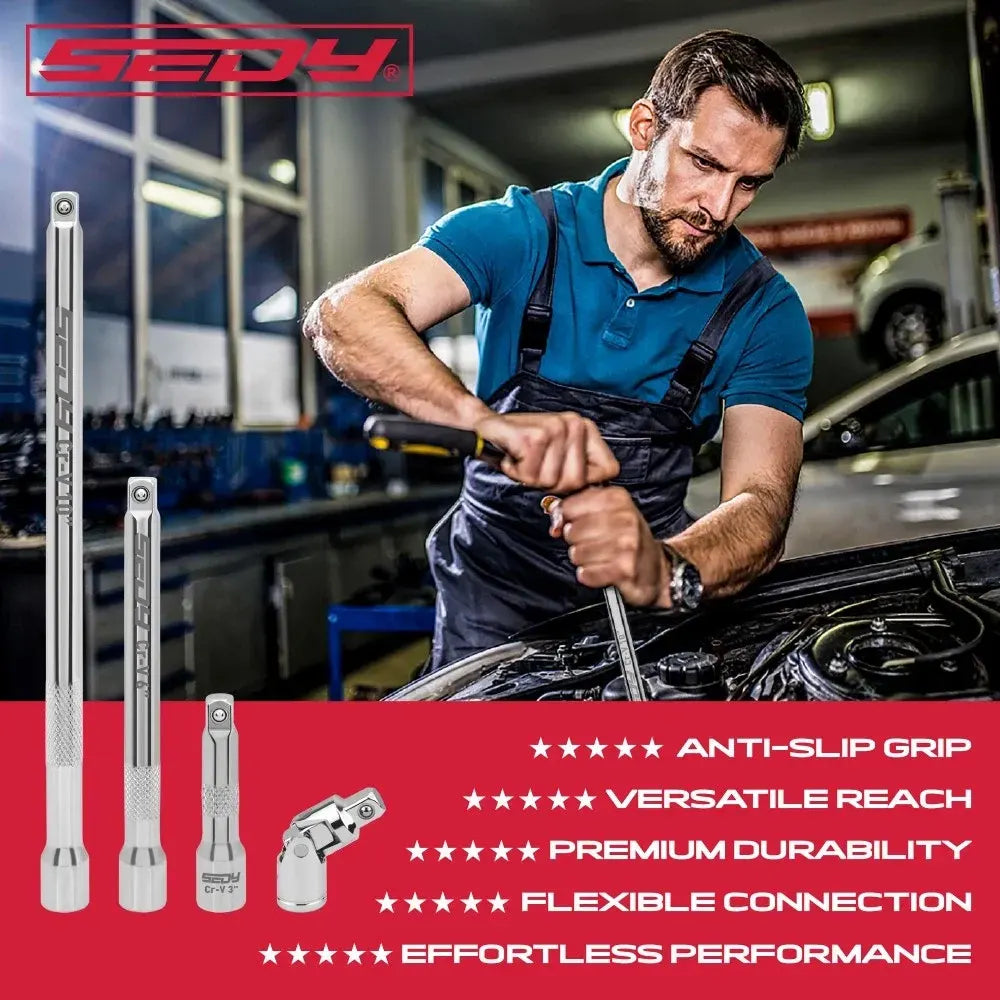 SEDY 4Pcs 3/8" Drive Socket Extension Bar Kit w/ Swivel Joint CR-V Ratchet Auto - Image 7
