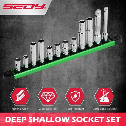 SEDY 12Pc 10mm Socket Set 1/4" 3/8" Drive Magnetic Organizer Tool Extension Bar