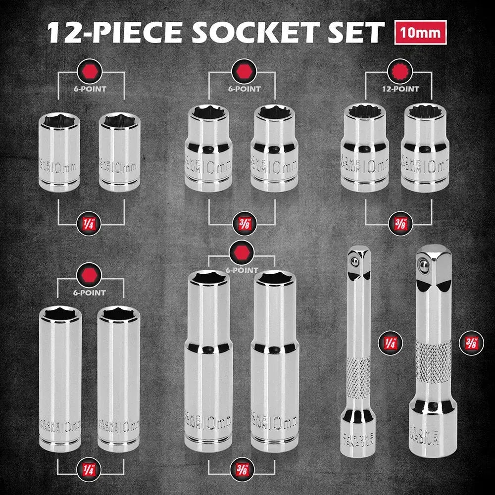 SEDY 12Pc 10mm Socket Set 1/4" 3/8" Drive Magnetic Organizer Tool Extension Bar - Image 2