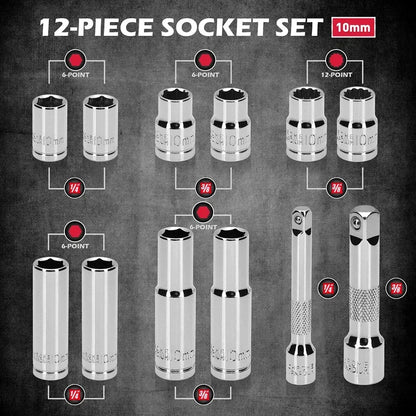 SEDY 12Pc 10mm Socket Set 1/4" 3/8" Drive Magnetic Organizer Tool Extension Bar - Image 2