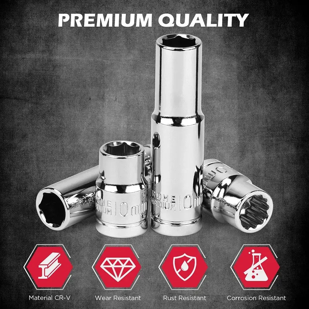 SEDY 12Pc 10mm Socket Set 1/4" 3/8" Drive Magnetic Organizer Tool Extension Bar - Image 3