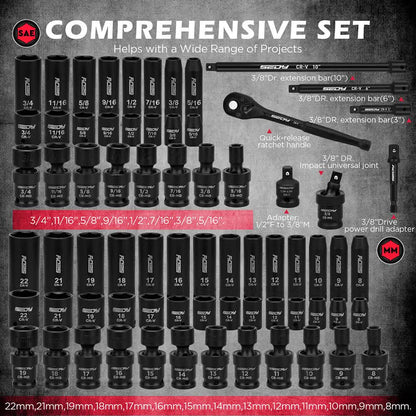 71-Pieces 3/8" Drive Master Impact Socket Set SAE Metric Universal Joint Adapter - Image 4