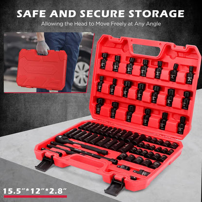 71-Pieces 3/8" Drive Master Impact Socket Set SAE Metric Universal Joint Adapter - Image 7