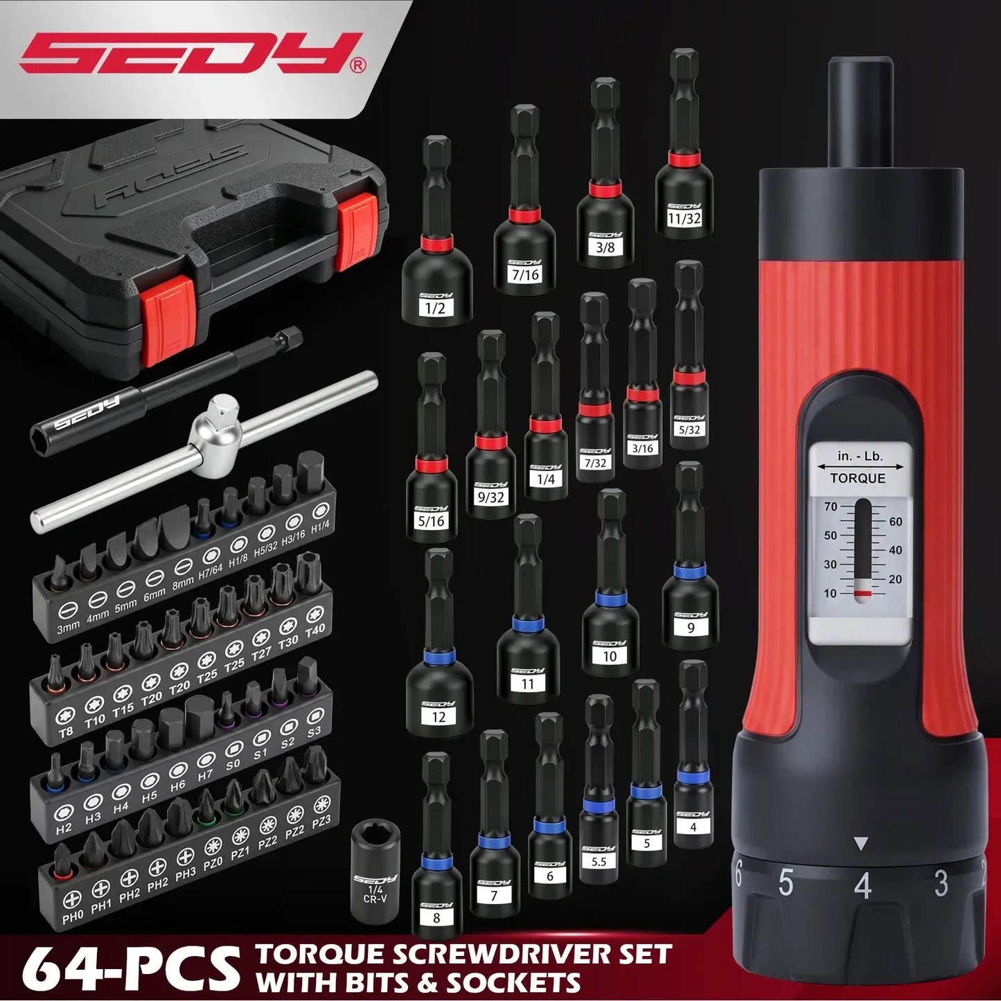 SEDY 64Pcs Torque Screwdriver Set 10-70 in-lb S2 Bits Magnetic Nut Driver Kit