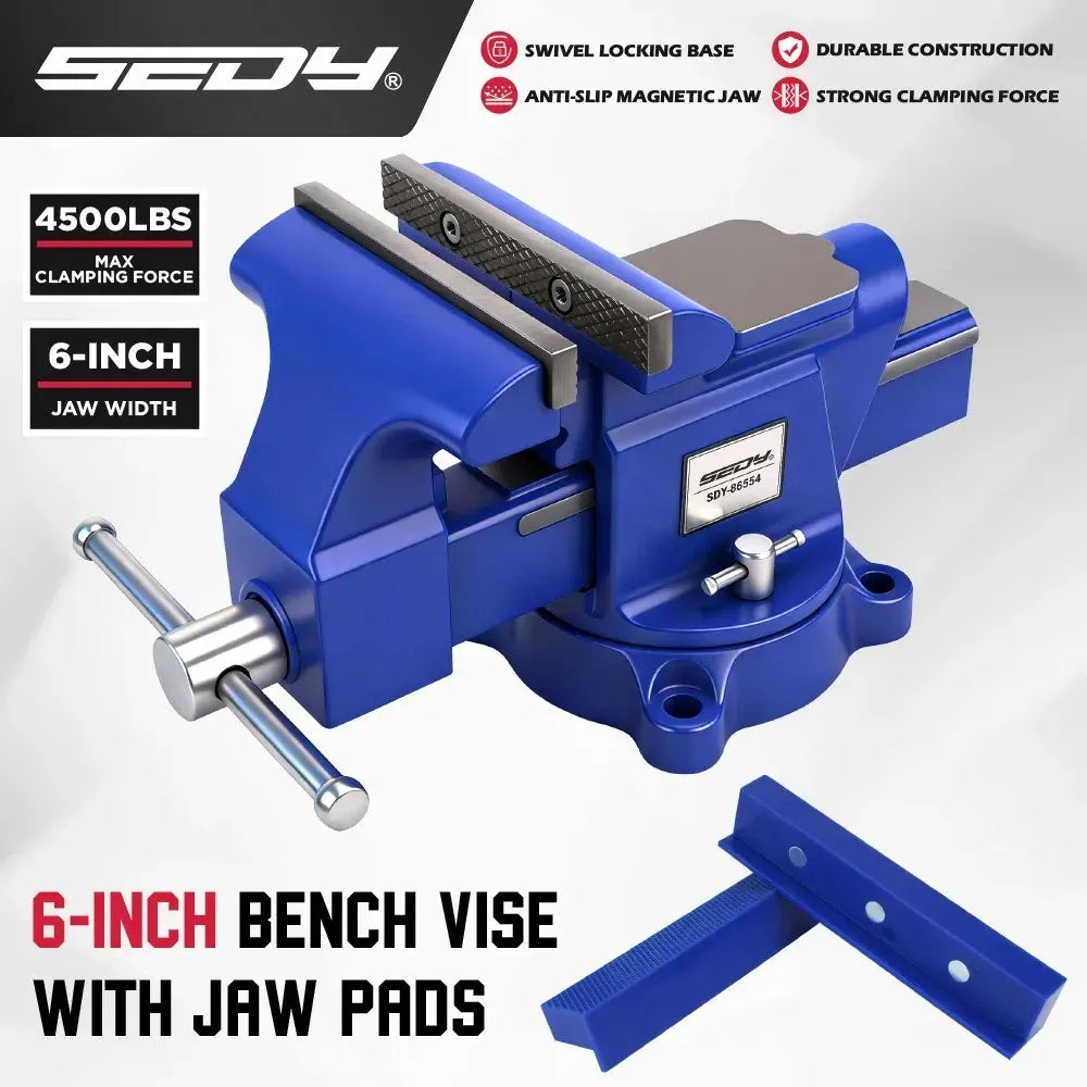 SEDY 6" Bench Vise Heavy Duty Workbench Clamp Anvil 360° Swivel Base Jaw Pads