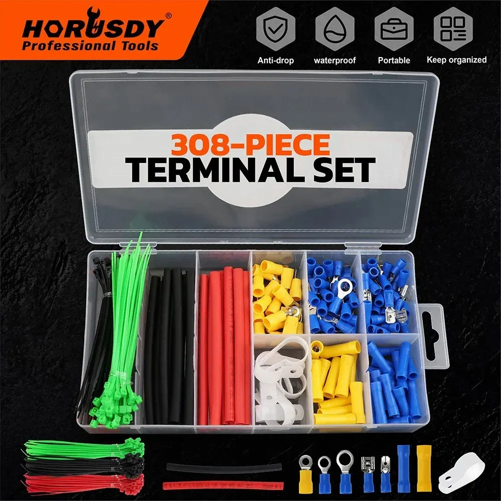 HORUSDY 308PCS Crimp Terminals Kit Ring Spade Butt Connector Set for Wiring