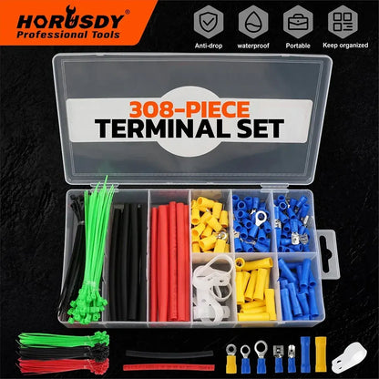 HORUSDY 308PCS Crimp Terminals Kit Ring Spade Butt Connector Set for Wiring