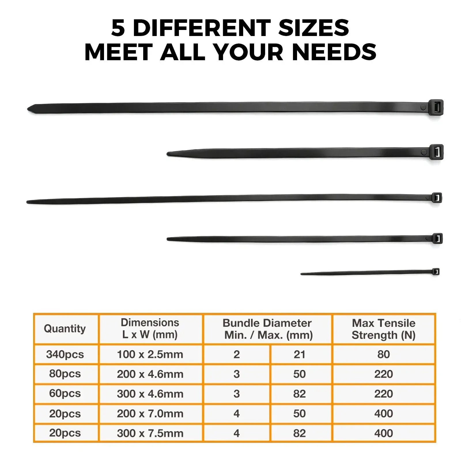 520Pcs Cable Ties Zip Ties Nylon UV Stabilised Bulk Black Cable Tie Black Au - Image 2
