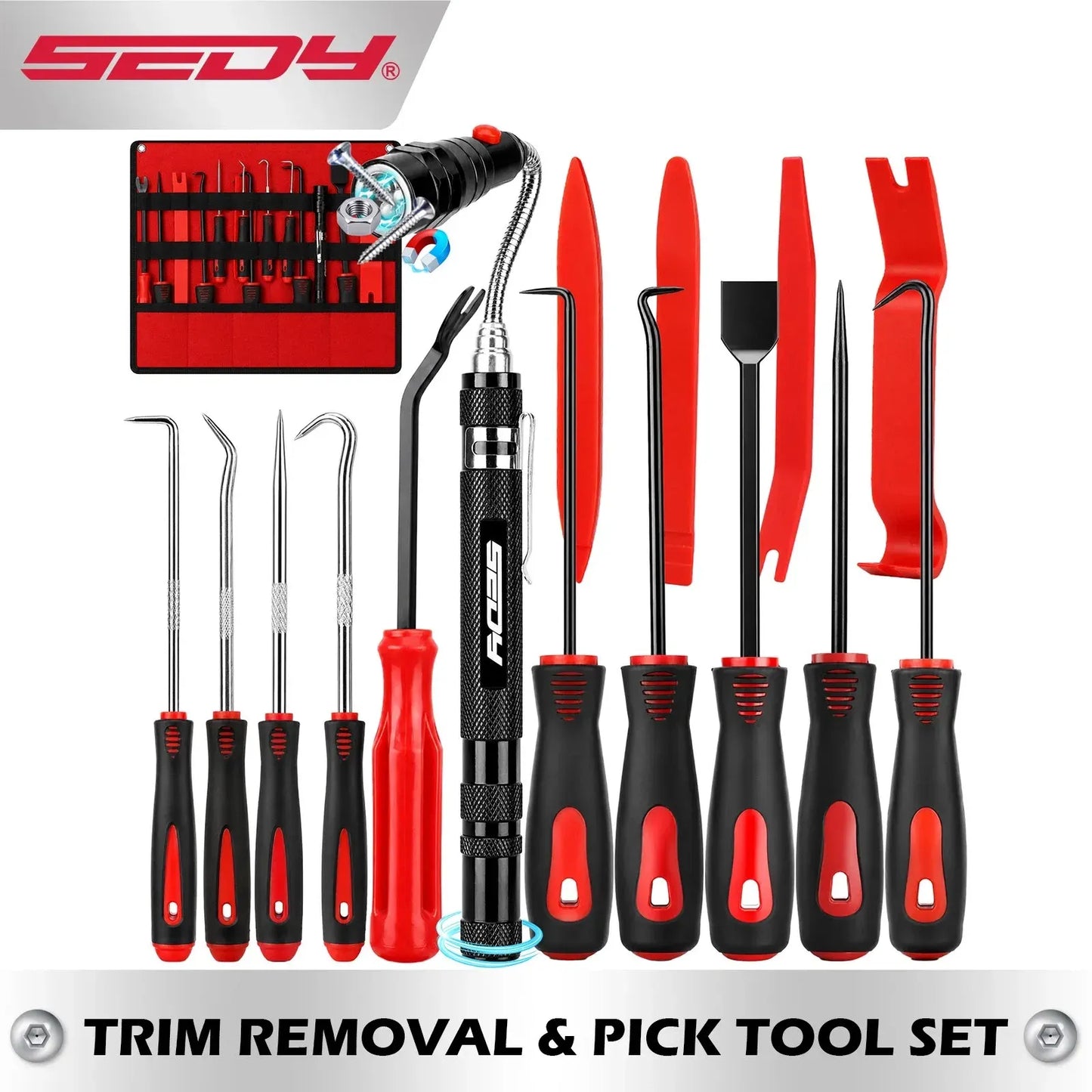 SEDY 15pc Auto Trim Removal Tool Kit Pick & Hook Set LED Magnetic Pickup