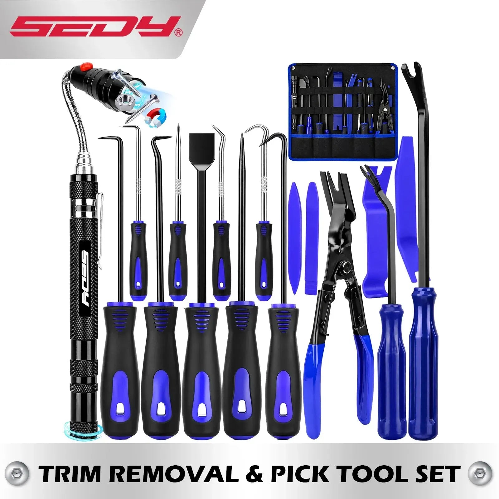 SEDY 18Pcs Auto Trim Removal Tool Kit Pick and Hook Set LED Magnetic Pickup