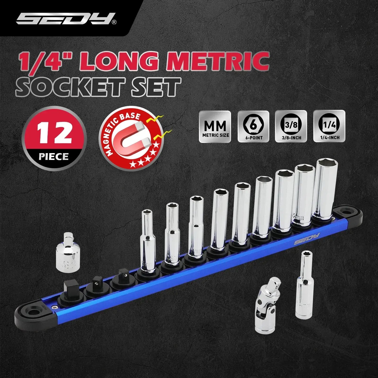 SEDY 1/4" Deep Socket Set Metric 4-13mm Long Sockets w/ Magnetic Rail Organizer