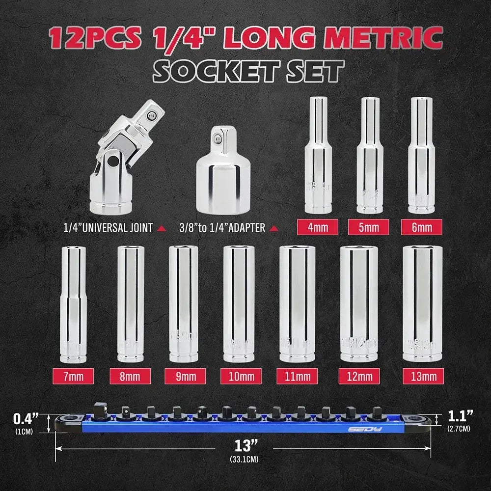 SEDY 1/4" Deep Socket Set Metric 4-13mm Long Sockets w/ Magnetic Rail Organizer - Image 2