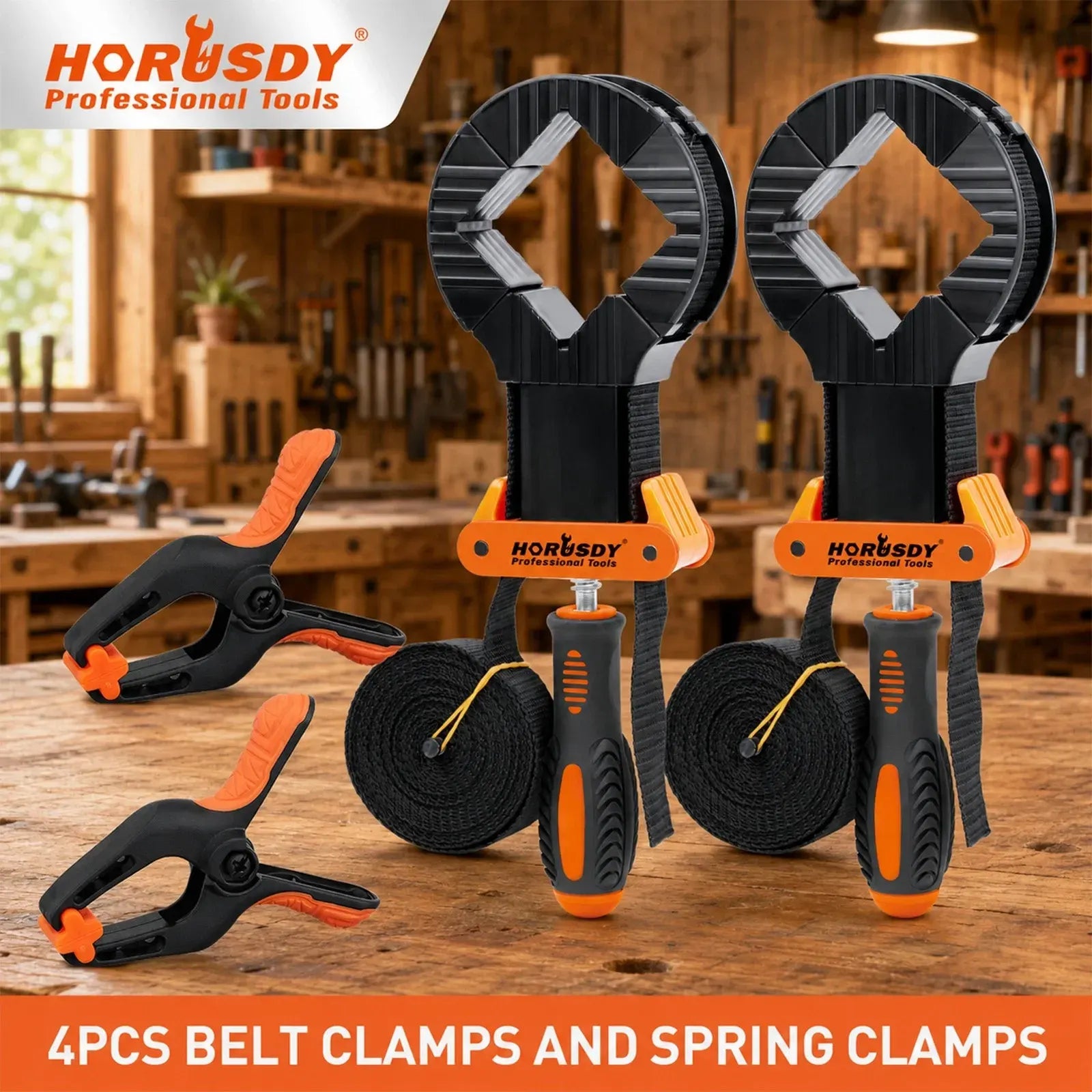 HORUSDY 4PCS Belt Clamp Set Spring Clamps 4M Adjustable Strap Frame Woodworking