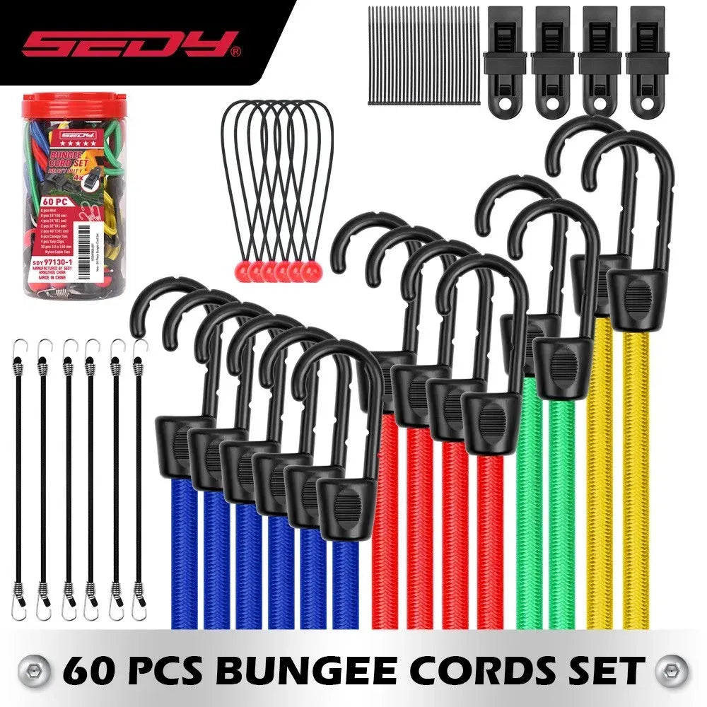 SEDY 60Pcs Bungee Cords Set Heavy Duty Tie Down Straps Camping Moving w/ Hooks