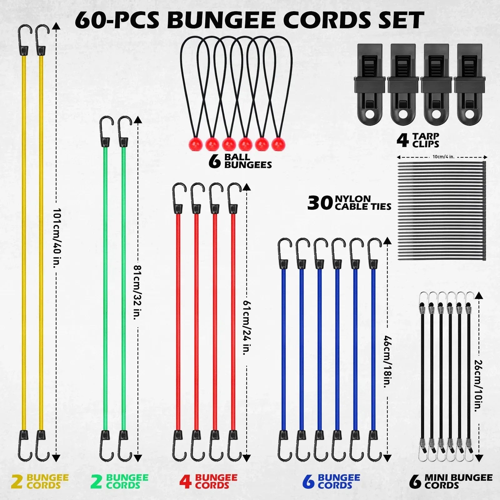 SEDY 60Pcs Bungee Cords Set Heavy Duty Tie Down Straps Camping Moving w/ Hooks - Image 2