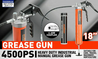 18'' Manual Pistol Grip Grease Gun Flow Pressure 4500PSI Flexi Hose & Coupler - Image 2