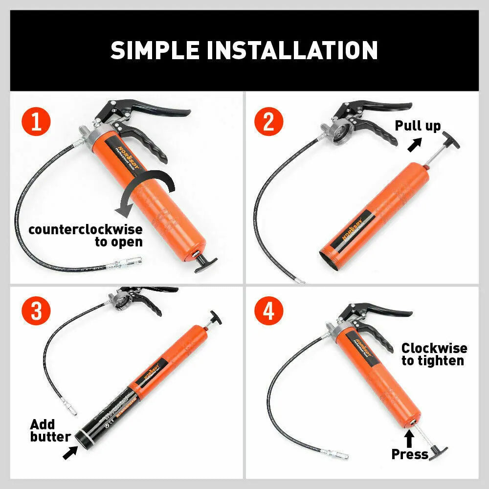 18'' Manual Pistol Grip Grease Gun Flow Pressure 4500PSI Flexi Hose & Coupler - Image 6