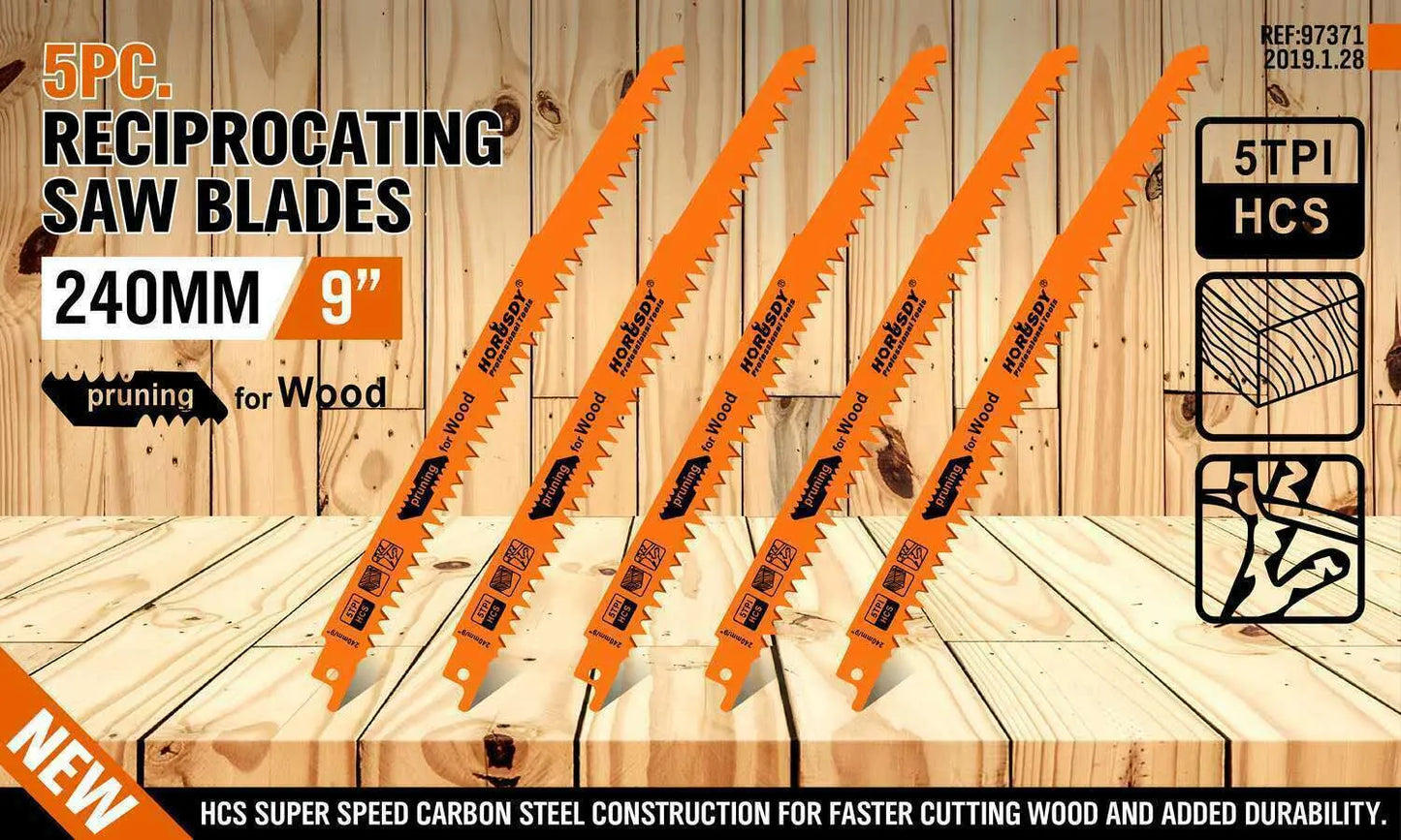 5Pc 9" / 240mm Reciprocating Saw Blades 5TPI Wood Timber Pruning Tool W/T Case - Image 2