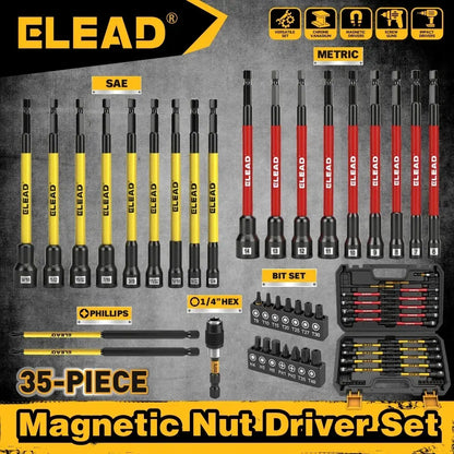 ELEAD 35Pcs Magnetic Nut Driver Bit Set Metric SAE 1/4" Hex Drill CR-V Steel