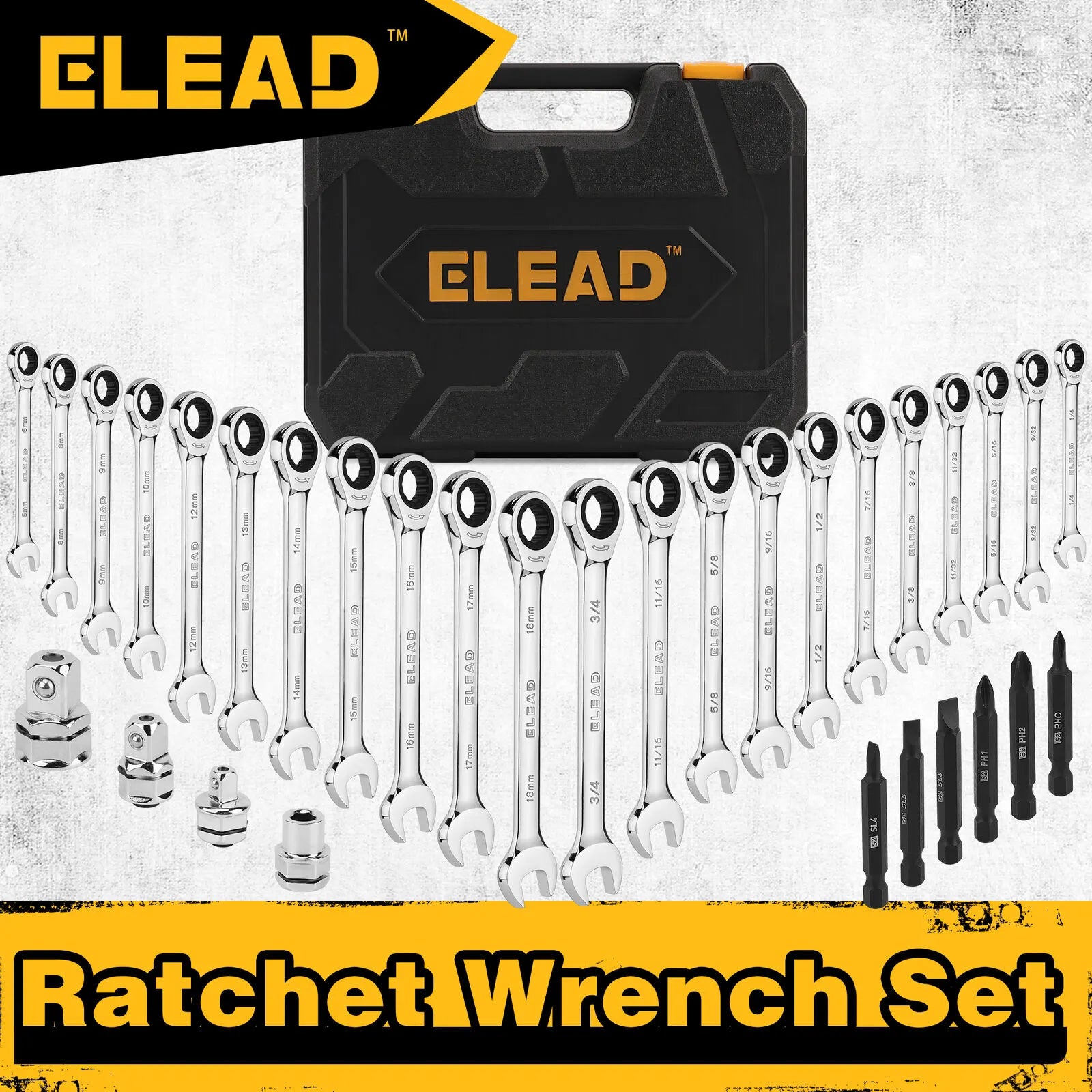 ELEAD 33Pcs Ratchet Wrench Set SAE Metric Wrench Phillips Slotted Bits Adapter - Image 2