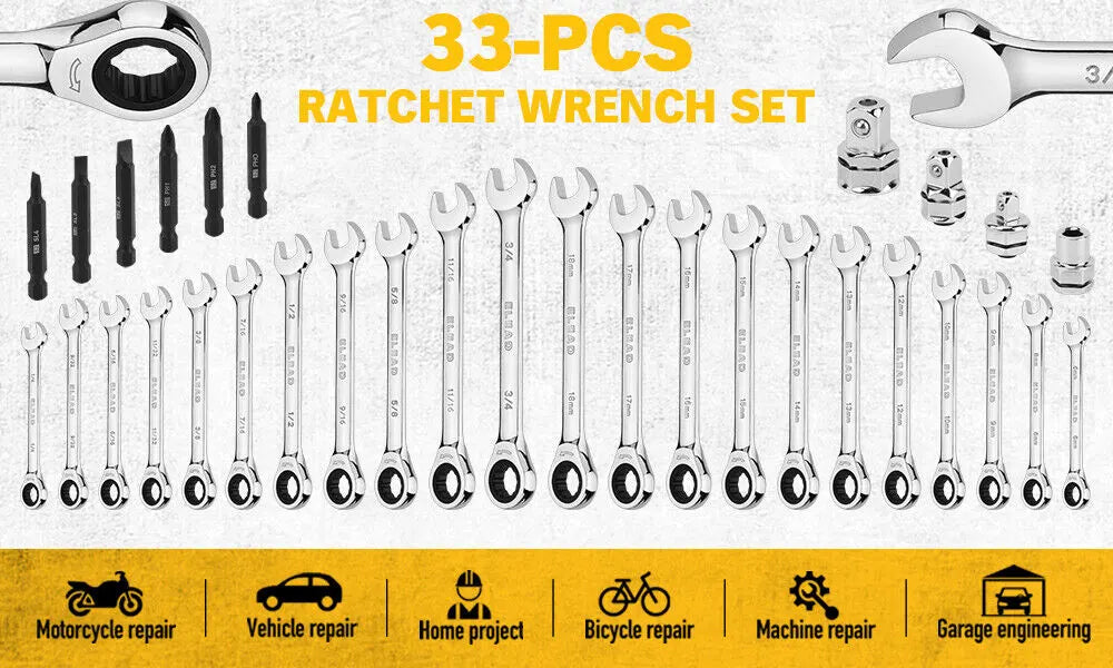 ELEAD 33Pcs Ratchet Wrench Set SAE Metric Wrench Phillips Slotted Bits Adapter - Image 3