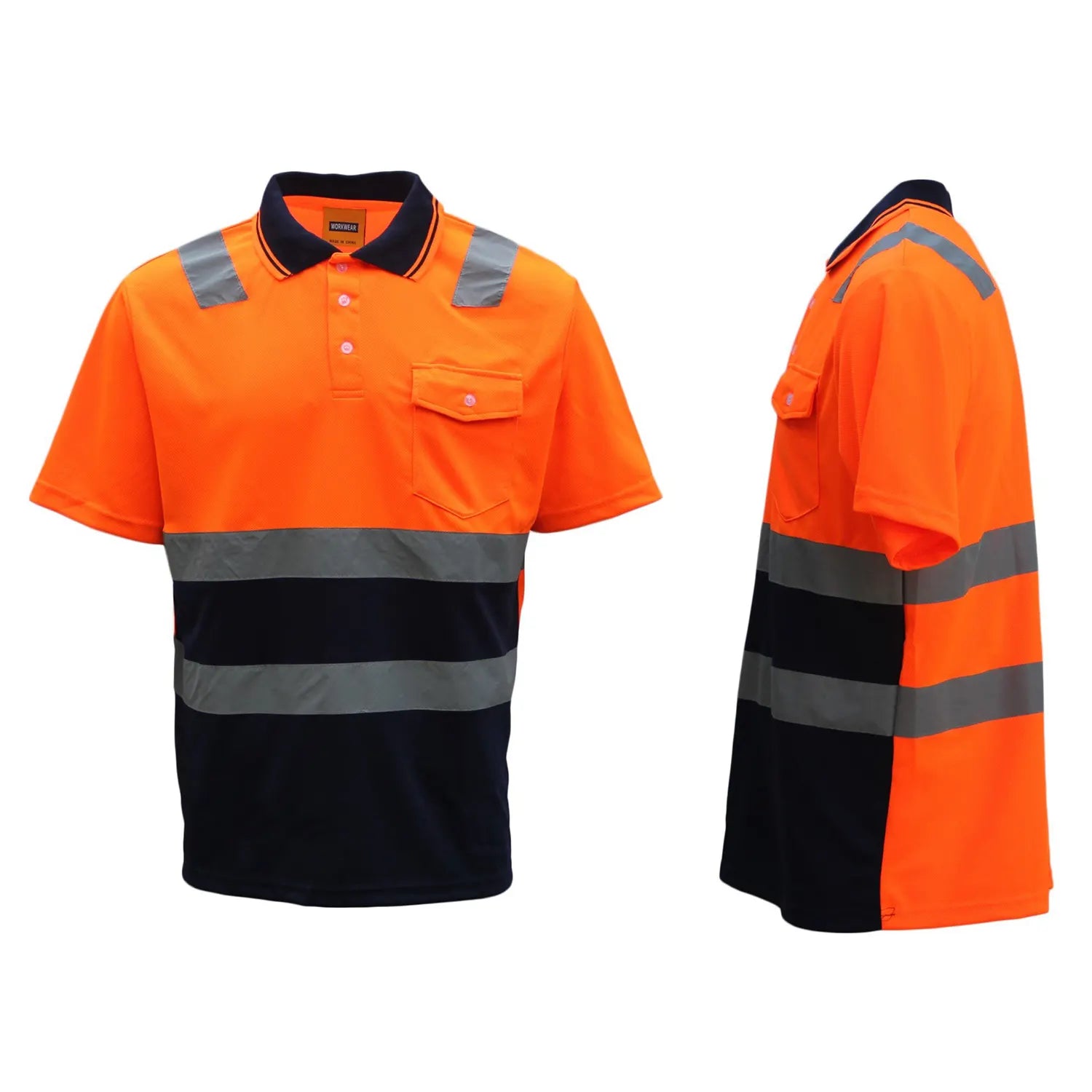 HI VIS Short Sleeve Workwear Shirt w Reflective Tape Cool Dry Safety Polo 2 Tone, Fluoro Orange / Navy, L - Image 2