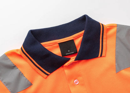 HI VIS Short Sleeve Workwear Shirt w Reflective Tape Cool Dry Safety Polo 2 Tone, Fluoro Orange / Navy, L - Image 3