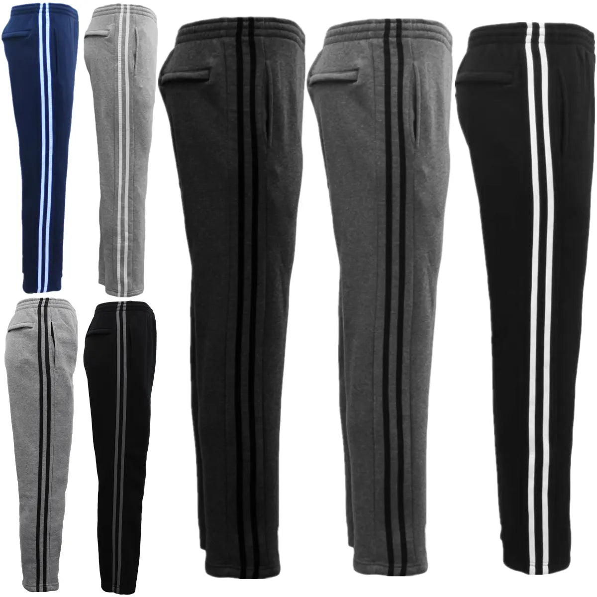 Men's Fleece Casual Sports Track Pants w Zip Pocket Striped Sweat Trousers S-6XL, Grey, M - Image 2
