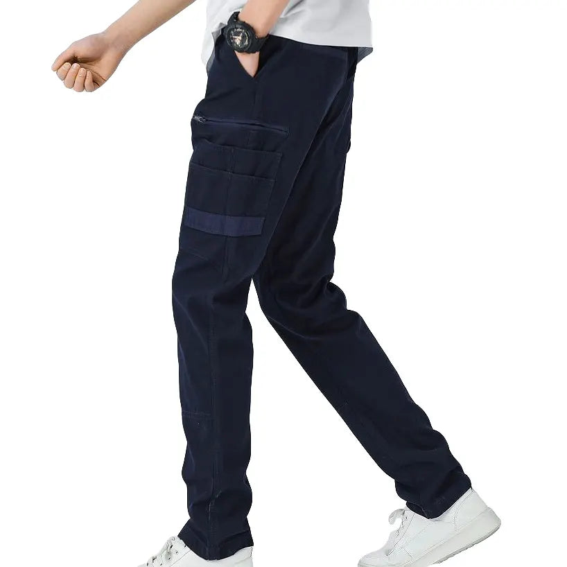 Men's Cotton Drill Cargo Work Pants UPF 50+ 13 Pockets Tradies Workwear Trousers, Navy, 30