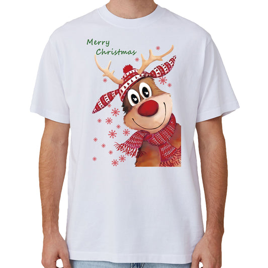 100% Cotton Christmas T-shirt Adult Unisex Tee Tops Funny Santa Party Custume, Reindeer (White), S