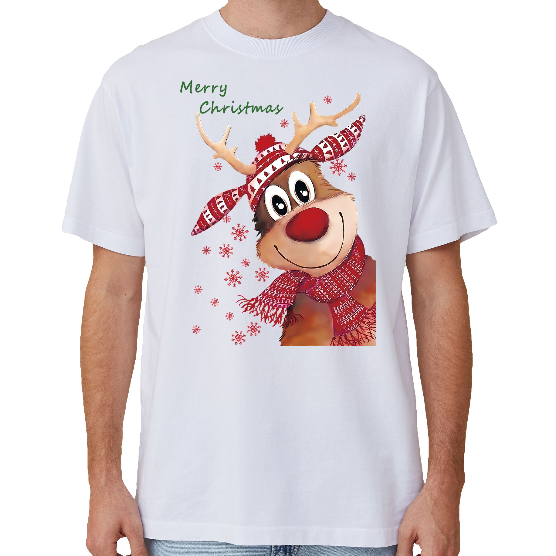 100% Cotton Christmas T-shirt Adult Unisex Tee Tops Funny Santa Party Custume, Reindeer (White), L