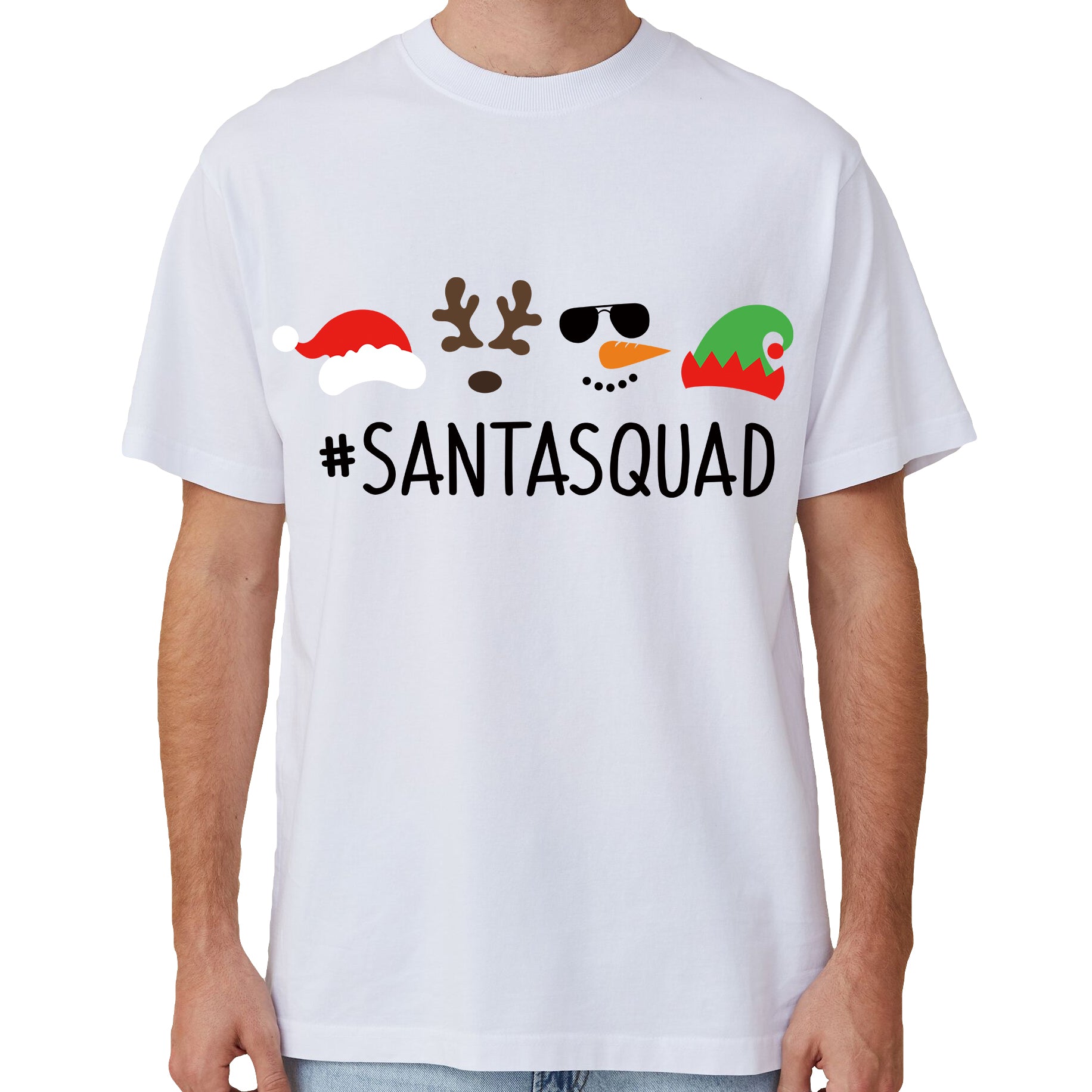 100% Cotton Christmas T-shirt Adult Unisex Tee Tops Funny Santa Party Custume, Santa Squad (White), L