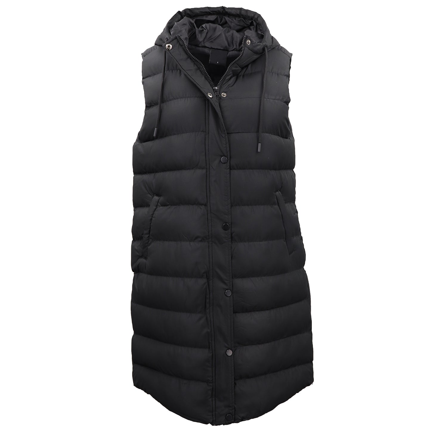 Women's Longline Padded Vest Hooded Jacket Puffer Puffy Quilted Zip Coat Gilet, Black, 8 - Image 2