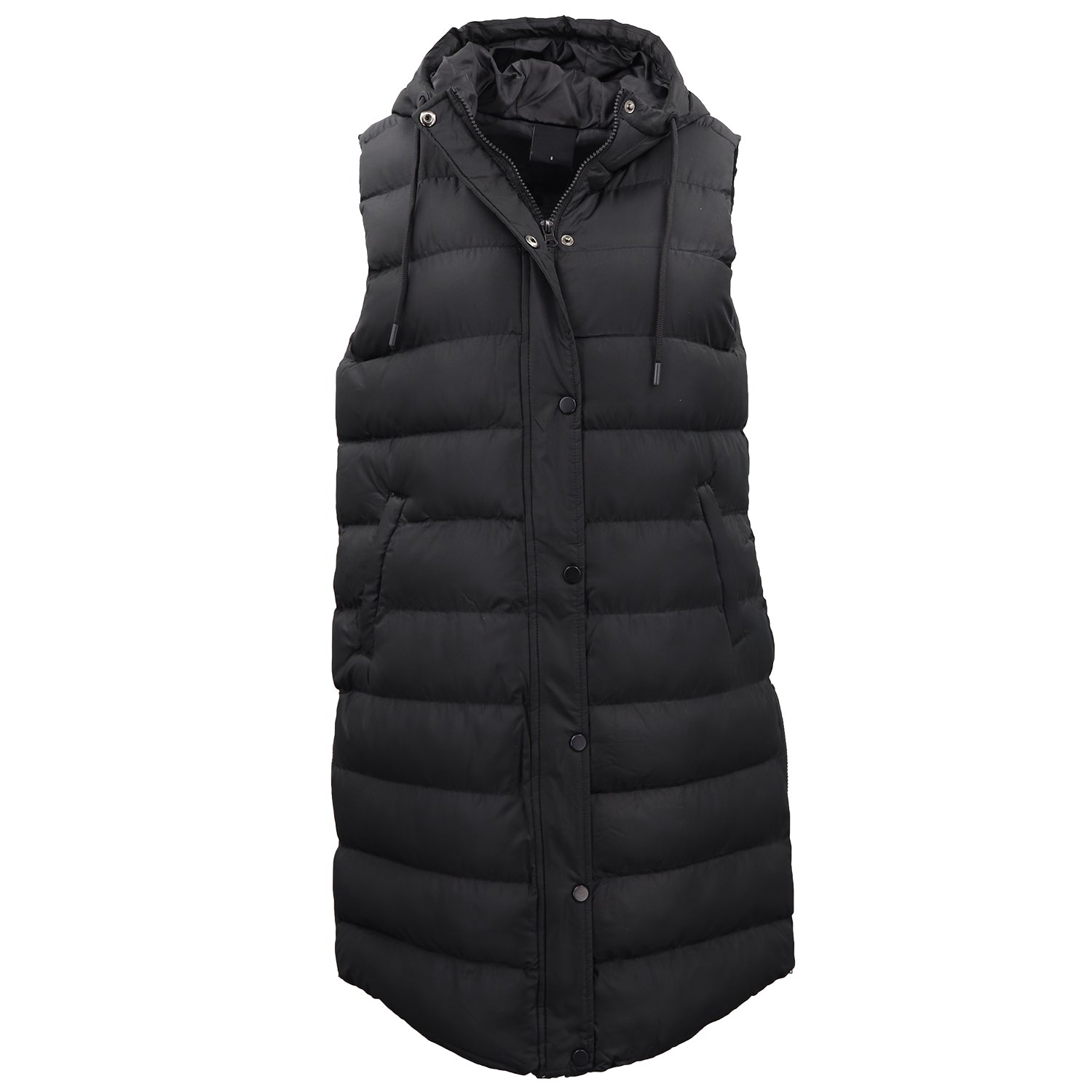 Women's Longline Padded Vest Hooded Jacket Puffer Puffy Quilted Zip Coat Gilet, Black, 8 - Image 2
