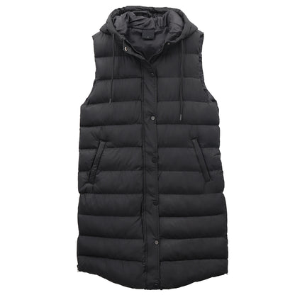 Women's Longline Padded Vest Hooded Jacket Puffer Puffy Quilted Zip Coat Gilet, Black, 10