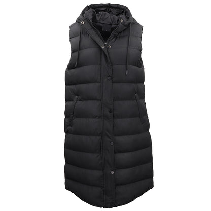 Women's Longline Padded Vest Hooded Jacket Puffer Puffy Quilted Zip Coat Gilet, Black, 10 - Image 2